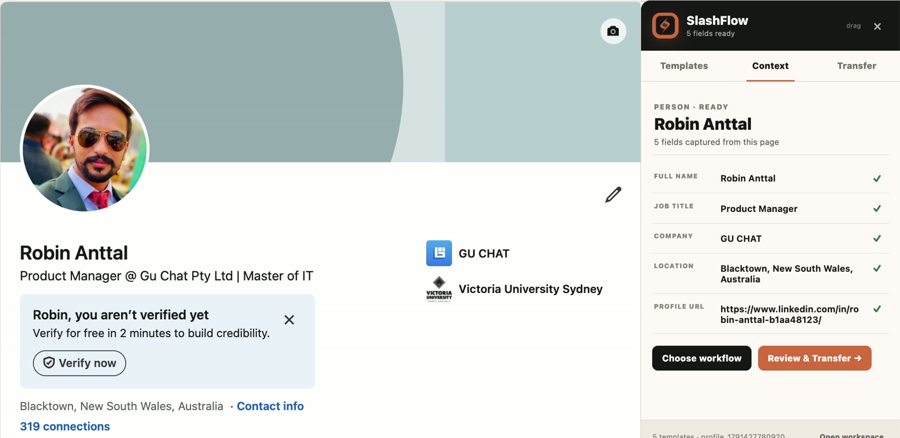 SlashFlow captures Robin Anttal’s name, role, company, location and profile URL from his LinkedIn profile
