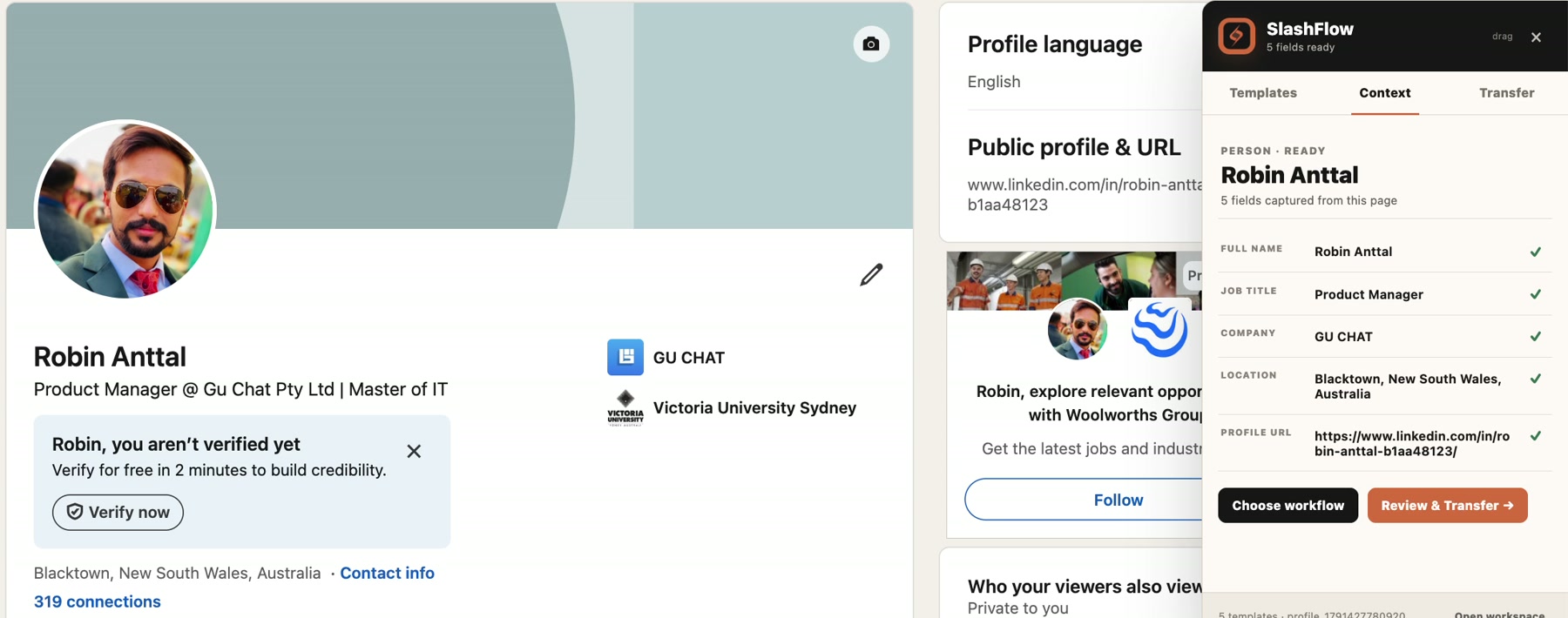 SlashFlow Context panel beside an approved recorded LinkedIn profile